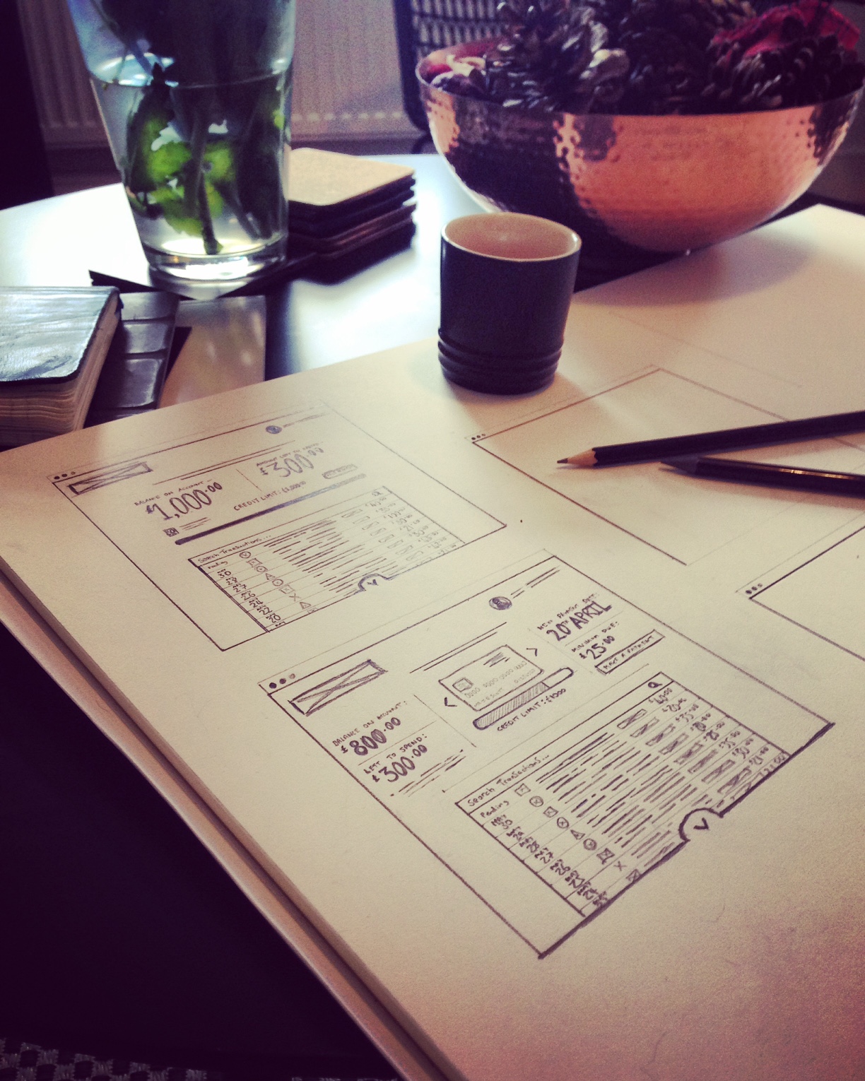 Pencil wireframes for a banking dashboard